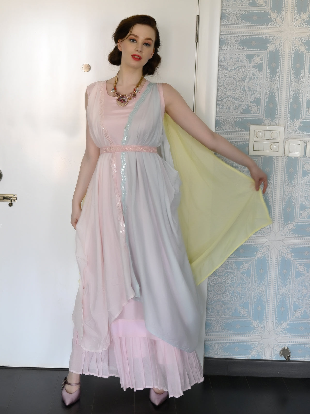 Odette Women Light Pink Crepe Designer Stitched Indo-Western Dress