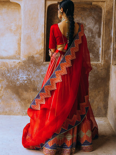 Odette Women Designer Red Semi Stitched Lehenga With  Unstitched Blouse