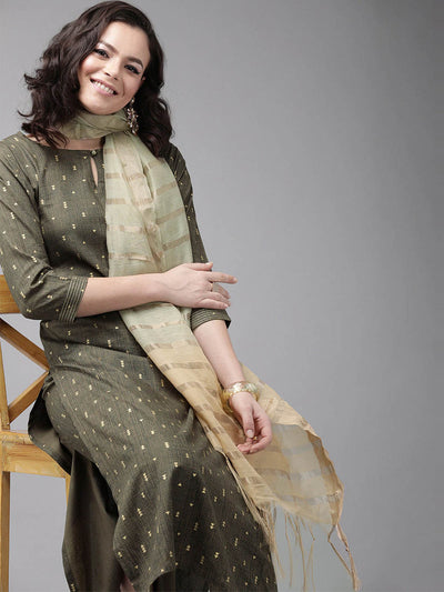 Odette Women Olive Solid Straight Stitched Kurta With Palazzo Sets