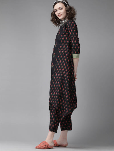 Odette Women Black Floral Printed A-Line Stitched Kurta Trouser Set