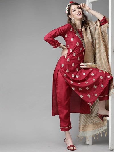 Red Embroidered Straight Kurta Trouser With Dupatta Set - Odette