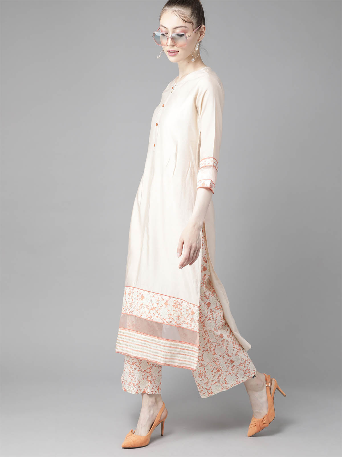 Odette Women Apricot Solid Stitched Kurta Palazzo Set