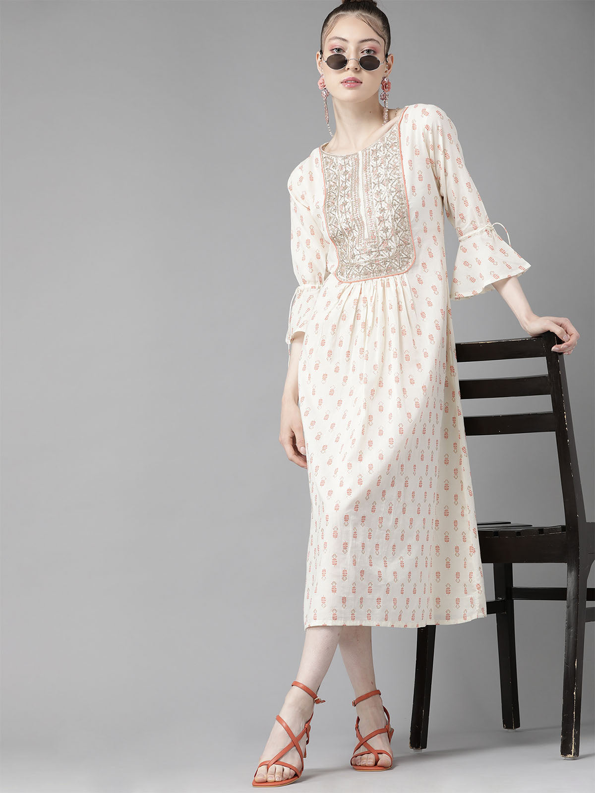 Odette Women White Printed And Embroidered Stitched Kurta
