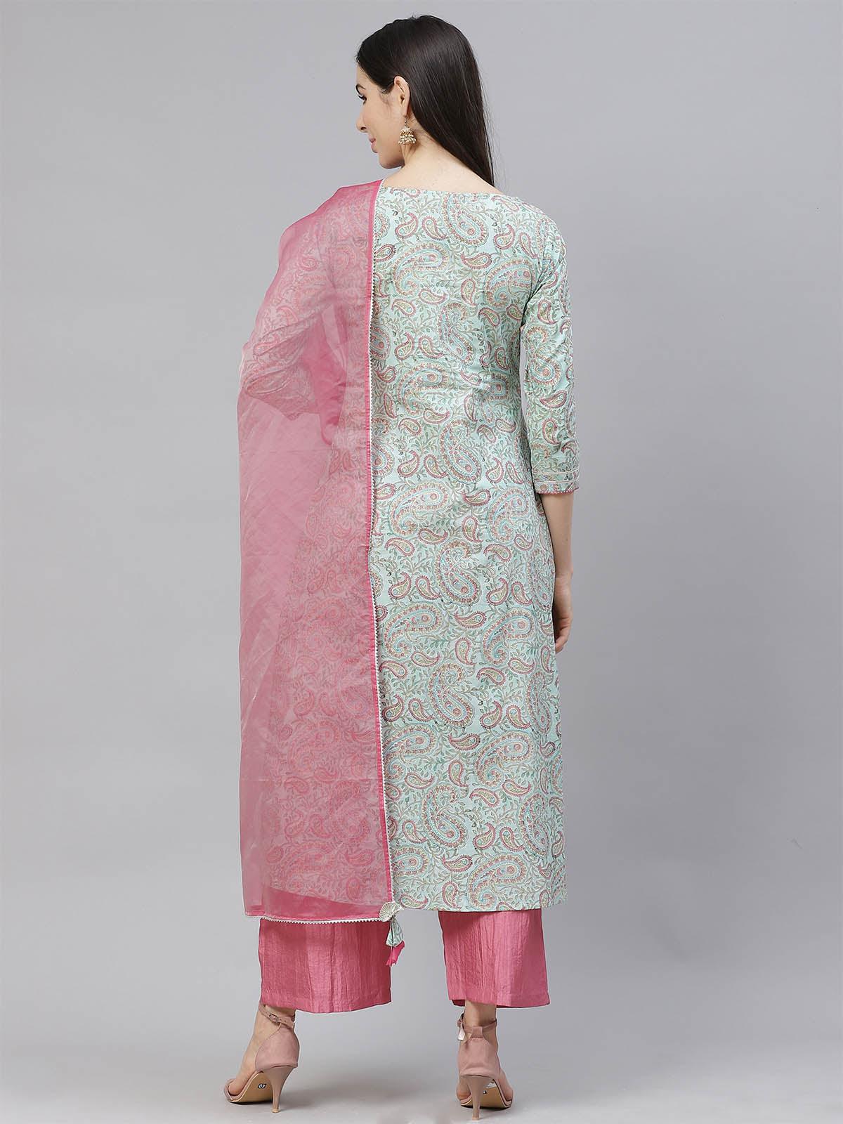 Sea Green A-Line Trouser And Dupatta Set - Odette