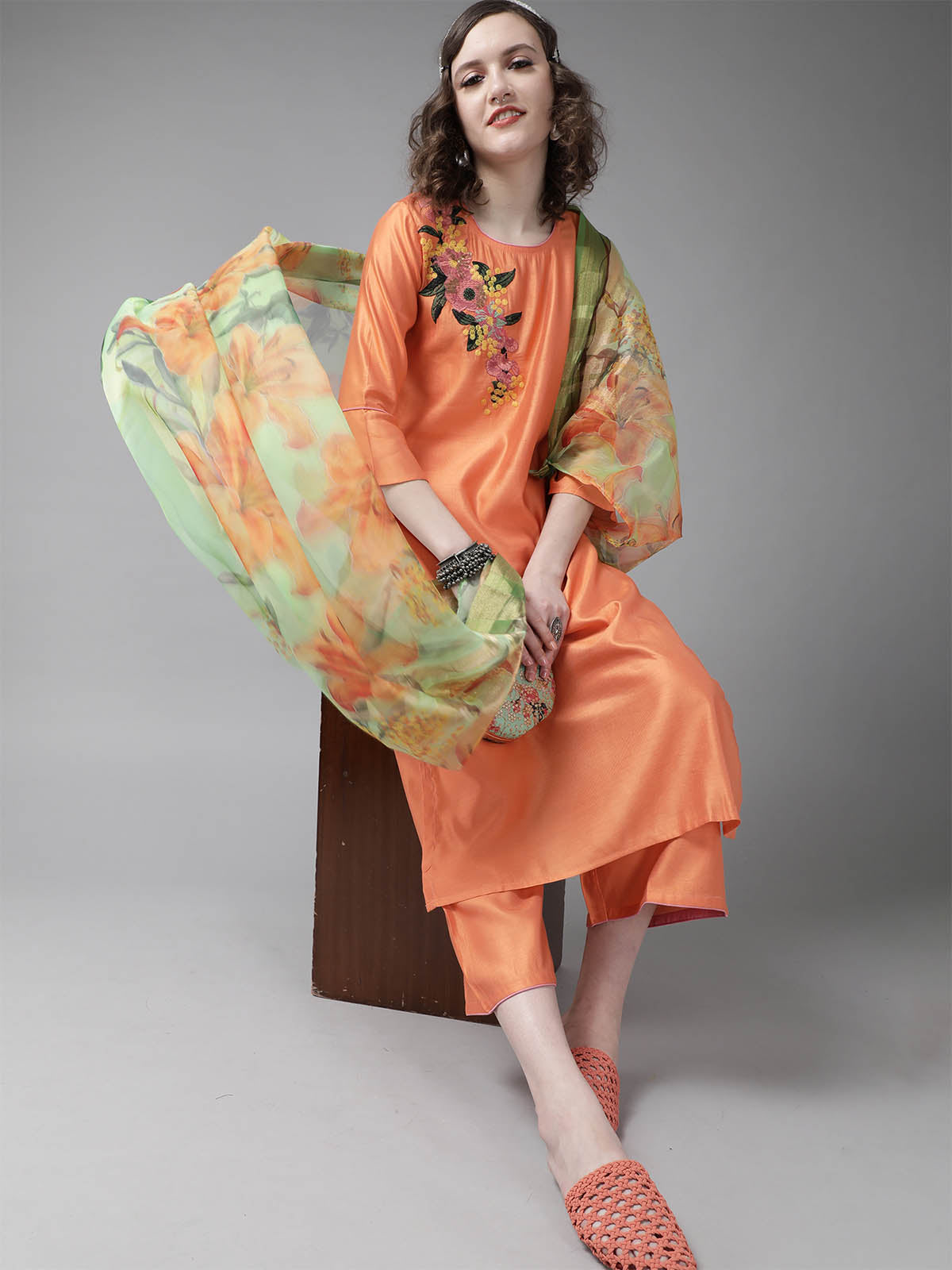Odette Women Orange Embroidered Straight Stitched Kurta Palazzo With Dupatta Set