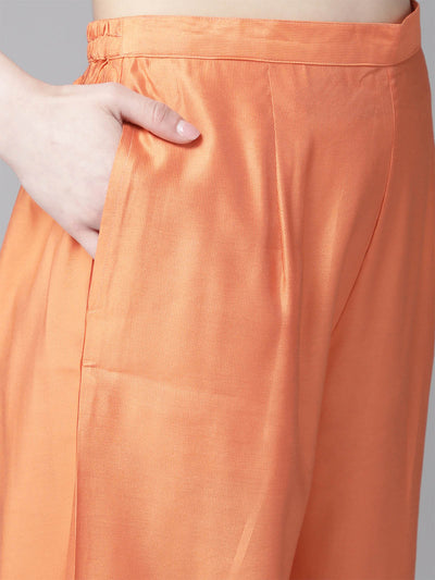 Odette Women Orange Embroidered Straight Stitched Kurta Palazzo With Dupatta Set