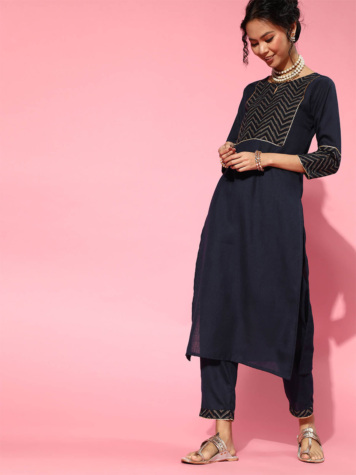 Odette Women Dark Blue Solid Straight Stitched Kurta Set For Ladies