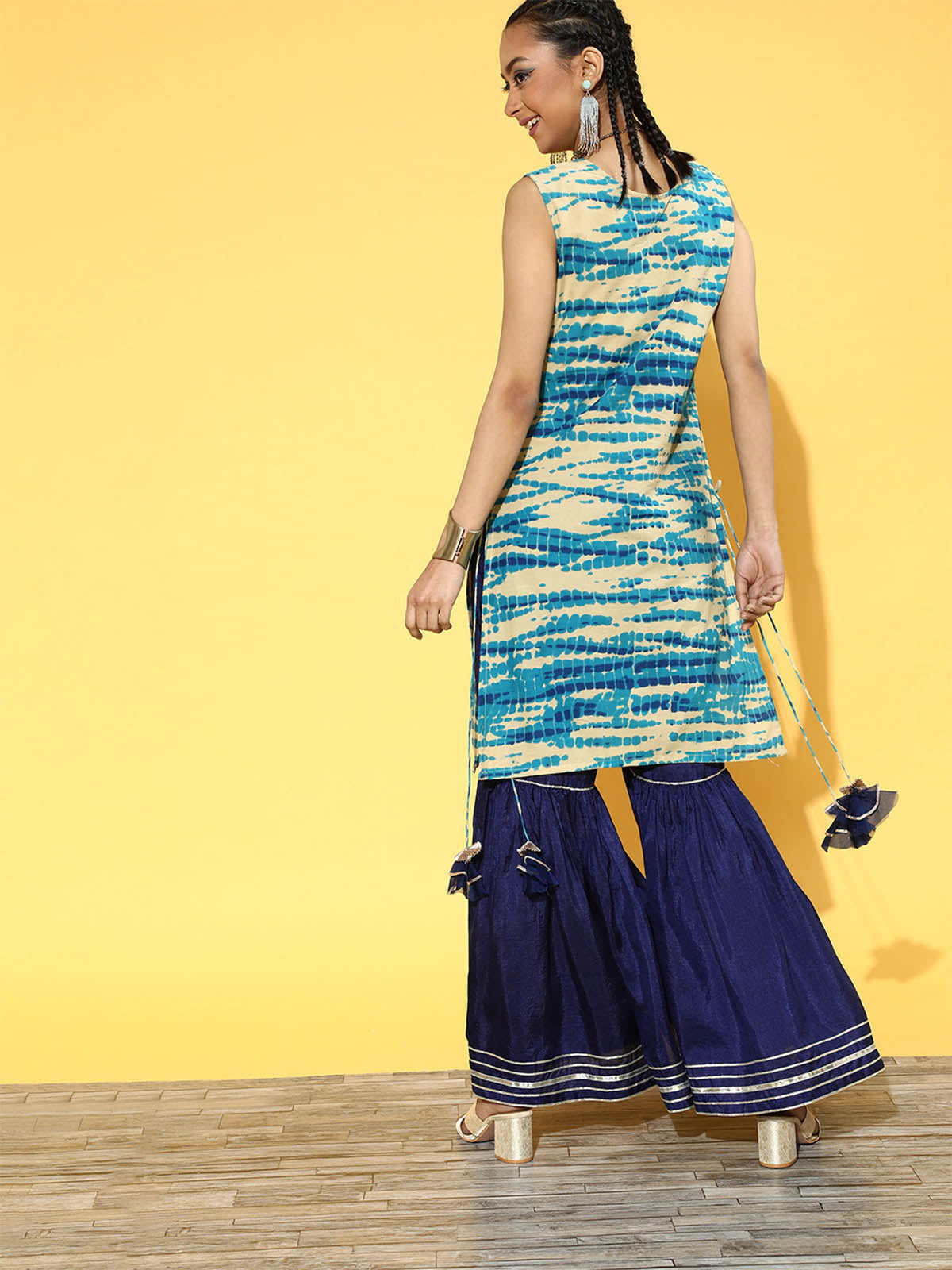 Odette Women Blue Tie & Dye Straight Stitched Kurta Sharara Set