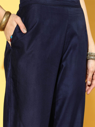 Odette Women Blue Tie & Dye A-Line Stitched Kurta Trouser Set