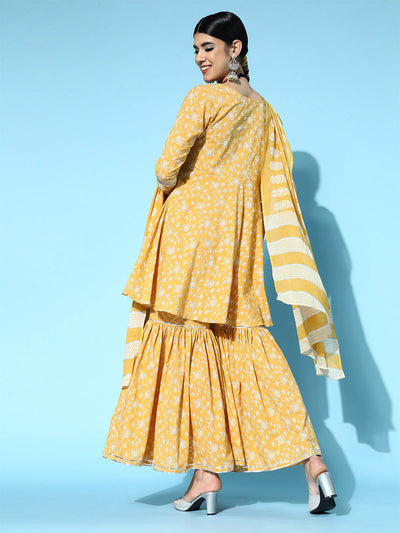 Odette Women Yellow Printed A-Line Stitched Kurta Sharara With Dupatta Set