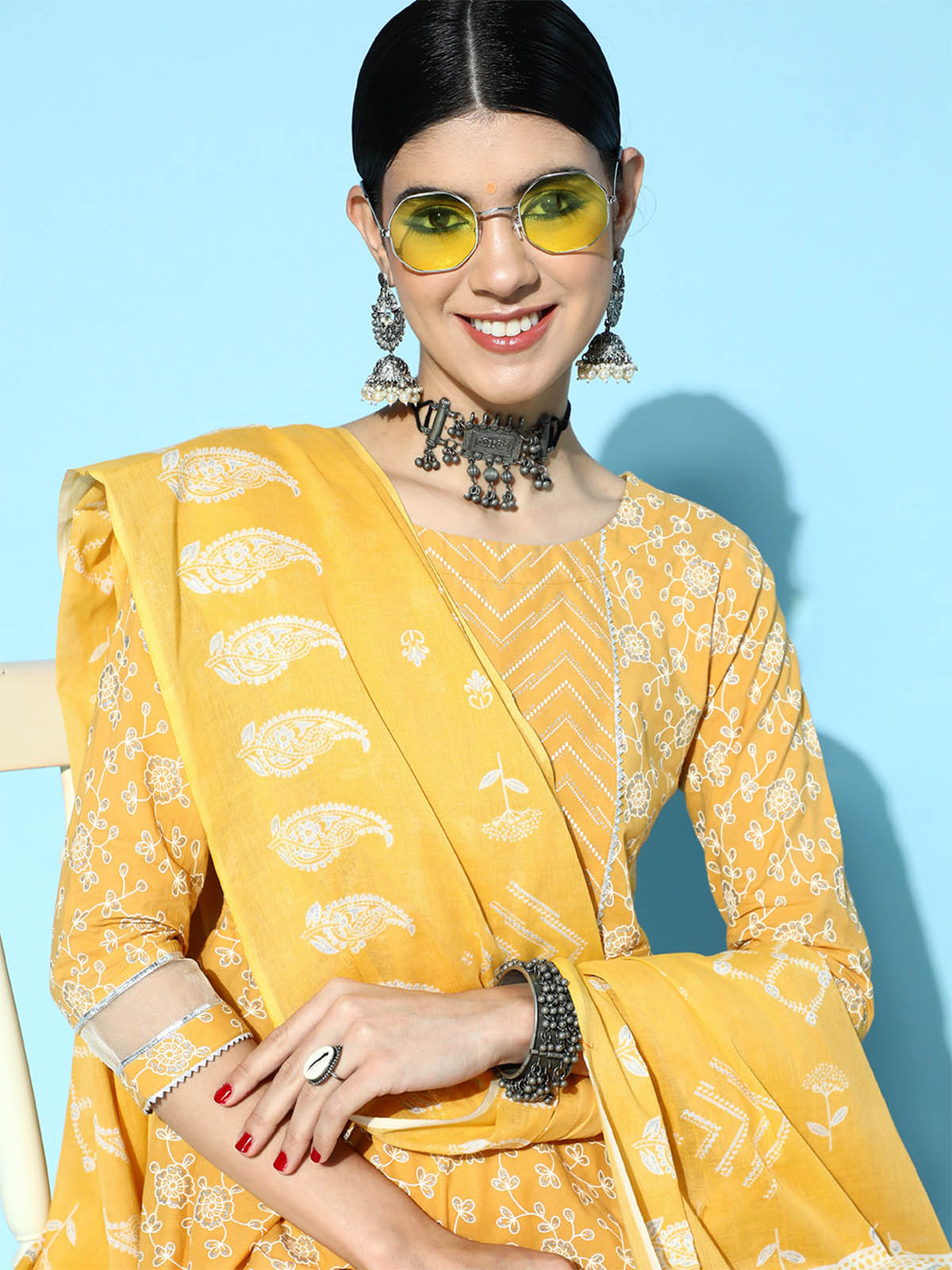Odette Women Yellow Printed A-Line Stitched Kurta Sharara With Dupatta Set
