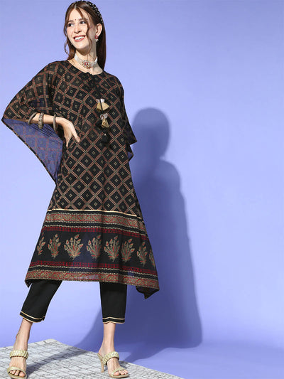 Odette Women Black Foil Printed A-Line Stitched Kurta With Palazzo Set