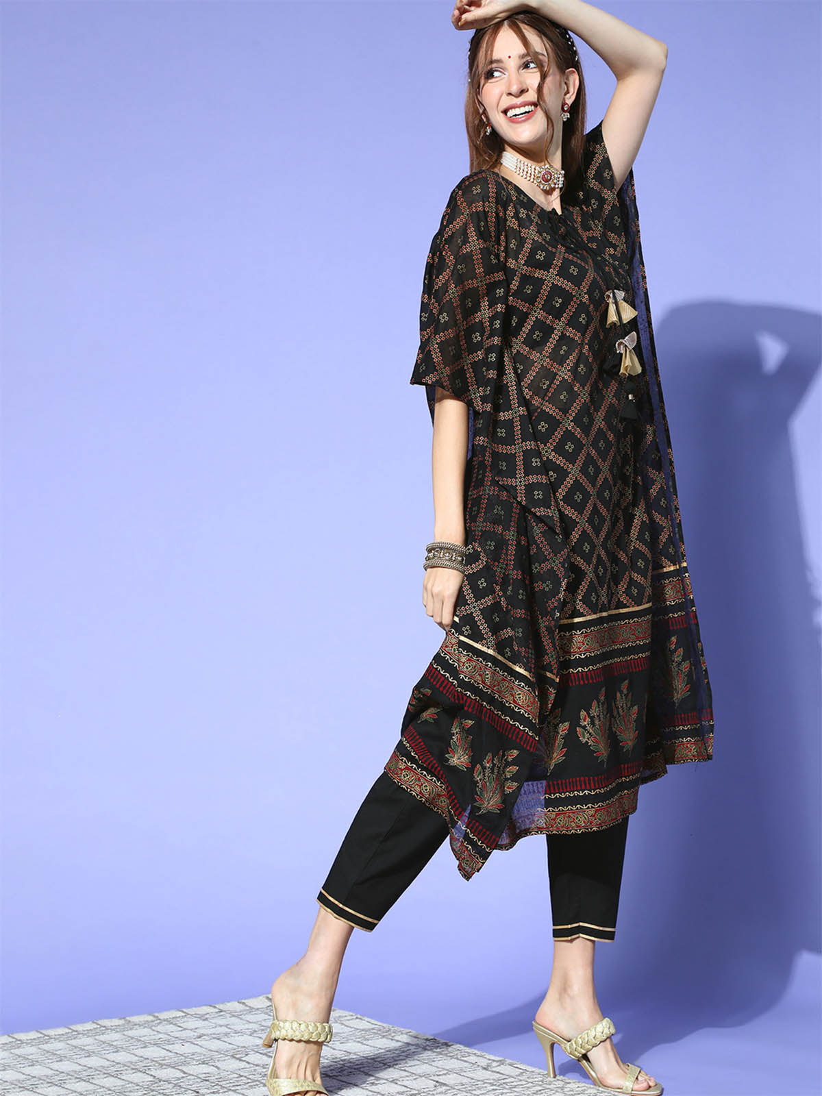 Odette Women Black Foil Printed A-Line Stitched Kurta With Palazzo Set