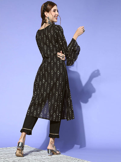 Odette Women Black Printed Straight Stitched Kurta With Palazzo Set