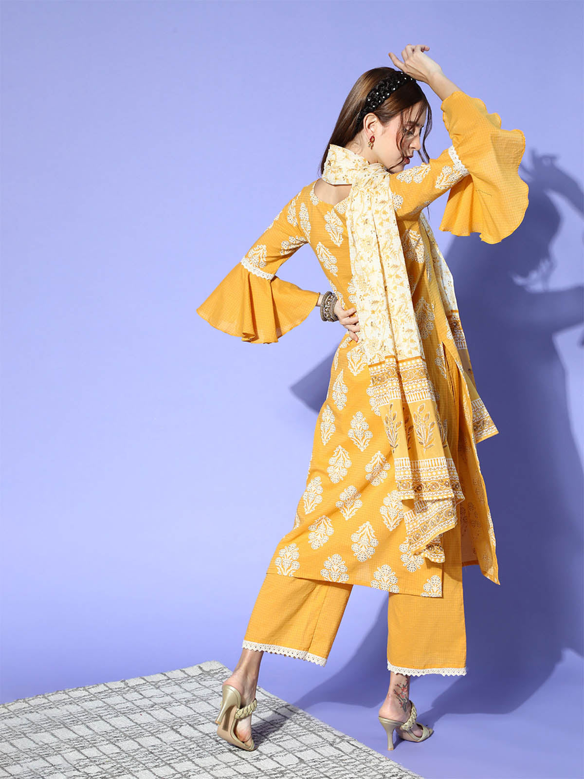 Odette Women Yellow Bandhani Print Stitched Kurta Palazzo Dupatta Set