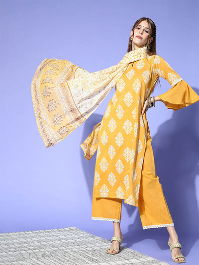 Odette Women Yellow Bandhani Print Stitched Kurta Palazzo Dupatta Set