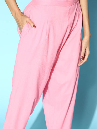 Pink Printed A-line Kurta Trouser With Dupatta Set - Odette
