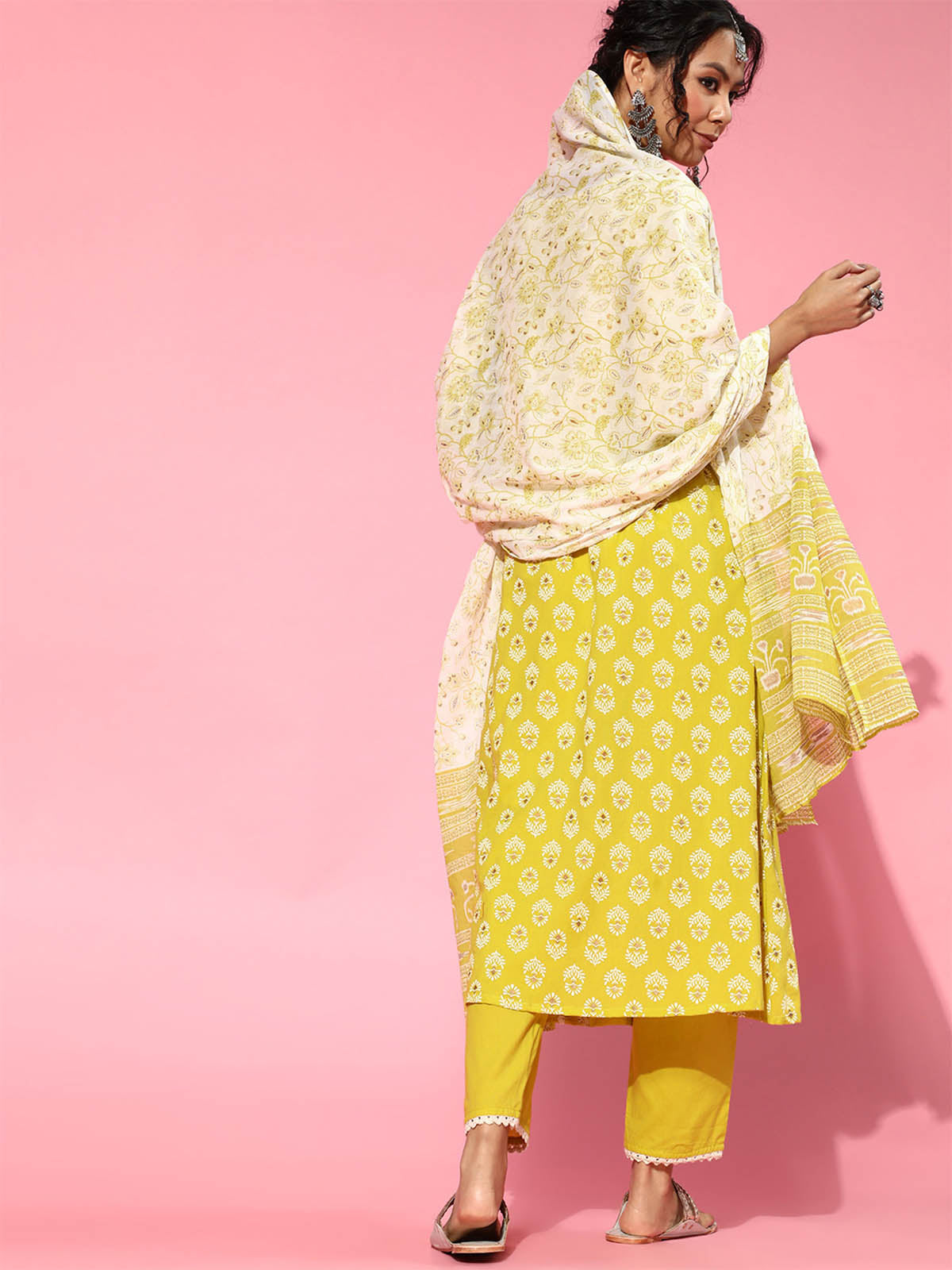 Odette Women Yellow Printed A-Line Stitched Kurta Set