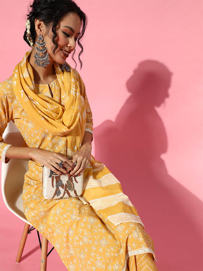 Odette Women Yellow Printed Stitched Kurta Palazzo Dupatta Set For Ladies