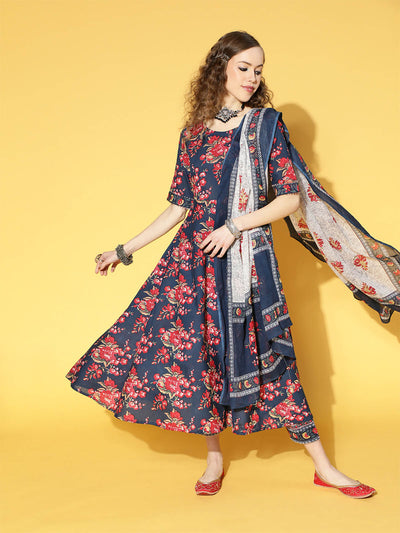 Odette Women Blue Flower Printed A-Line Stitched Kurta Set