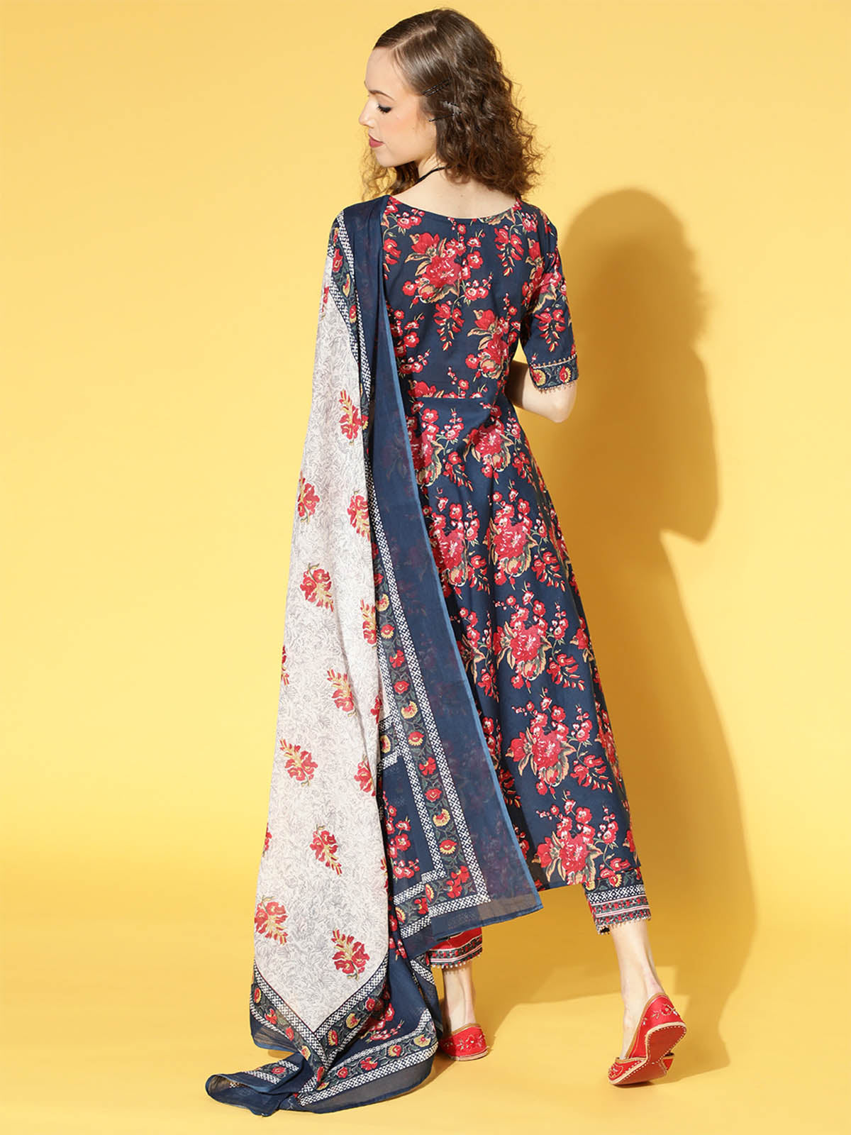 Odette Women Blue Flower Printed A-Line Stitched Kurta Set