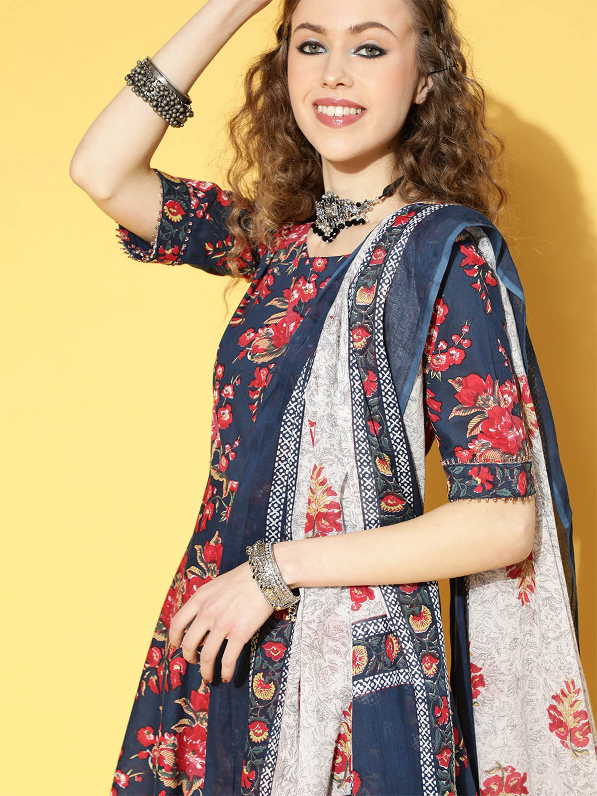 Odette Women Blue Flower Printed A-Line Stitched Kurta Set