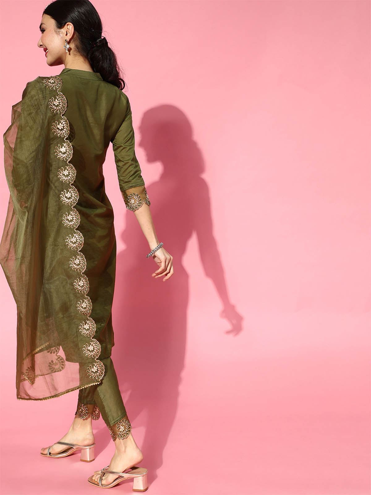 Green Embroidered Straight Stitched Kurta Trouser With Dupatta Set