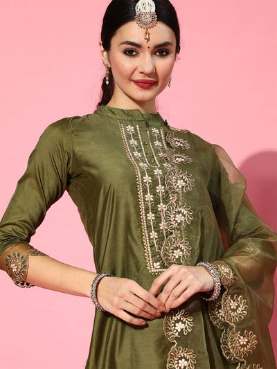 Green Embroidered Straight Stitched Kurta Trouser With Dupatta Set