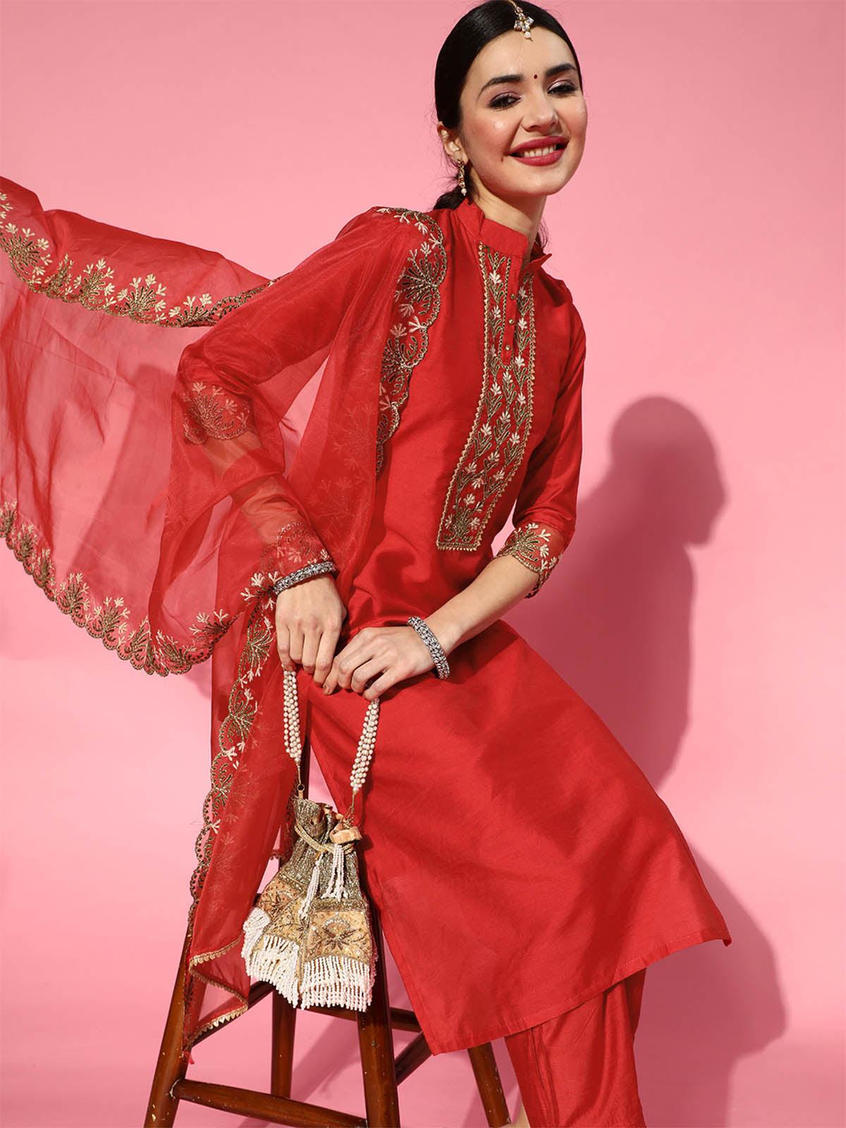 Red Embroidered Straight Kurta Set For Ladies - Odette