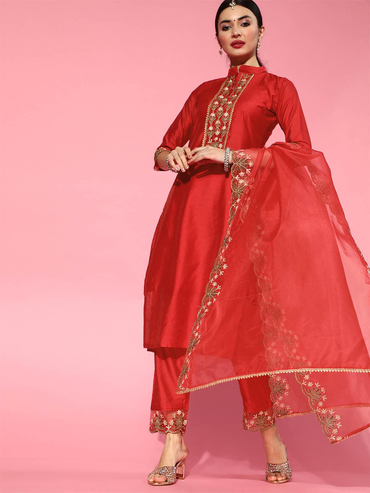 Red Embroidered Straight Kurta Set For Ladies - Odette