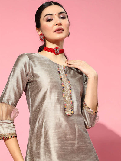 Grey Embroidered Straight Stitched Kurta Set For Ladies