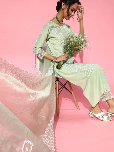 Sea Green Embroidered Kurta Trouser With Dupatta Set - Odette