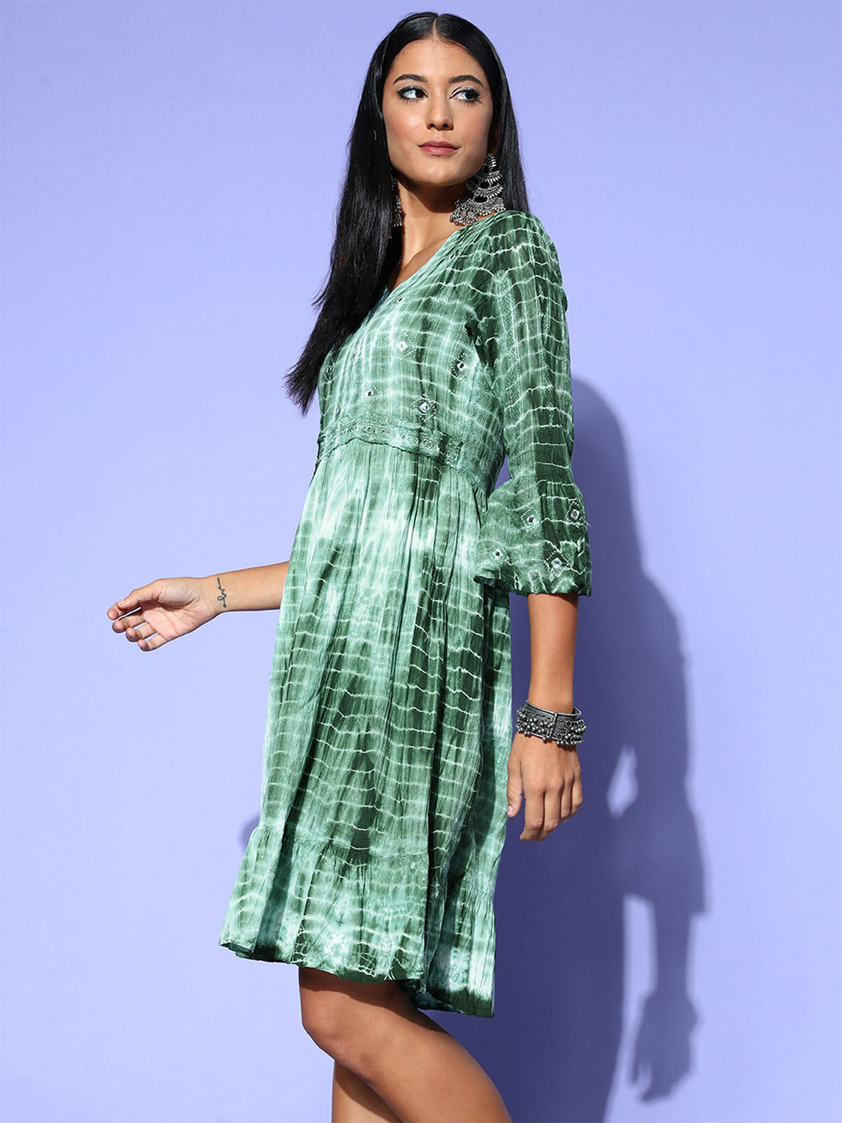 Odette Women Green Tie & Dye Ruffle Stitched Kurta