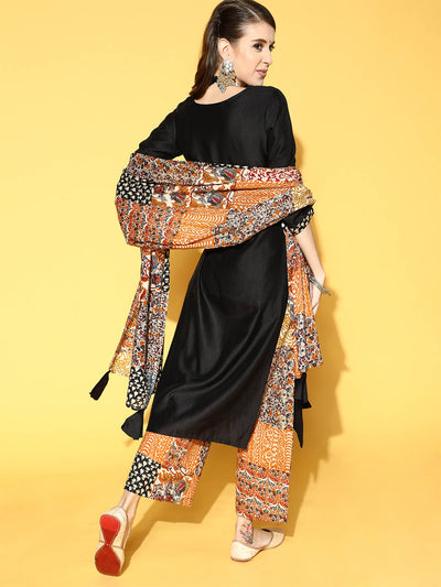 Odette Women Black Stitched Kurta Trouser With Hand Made Dupatta Set