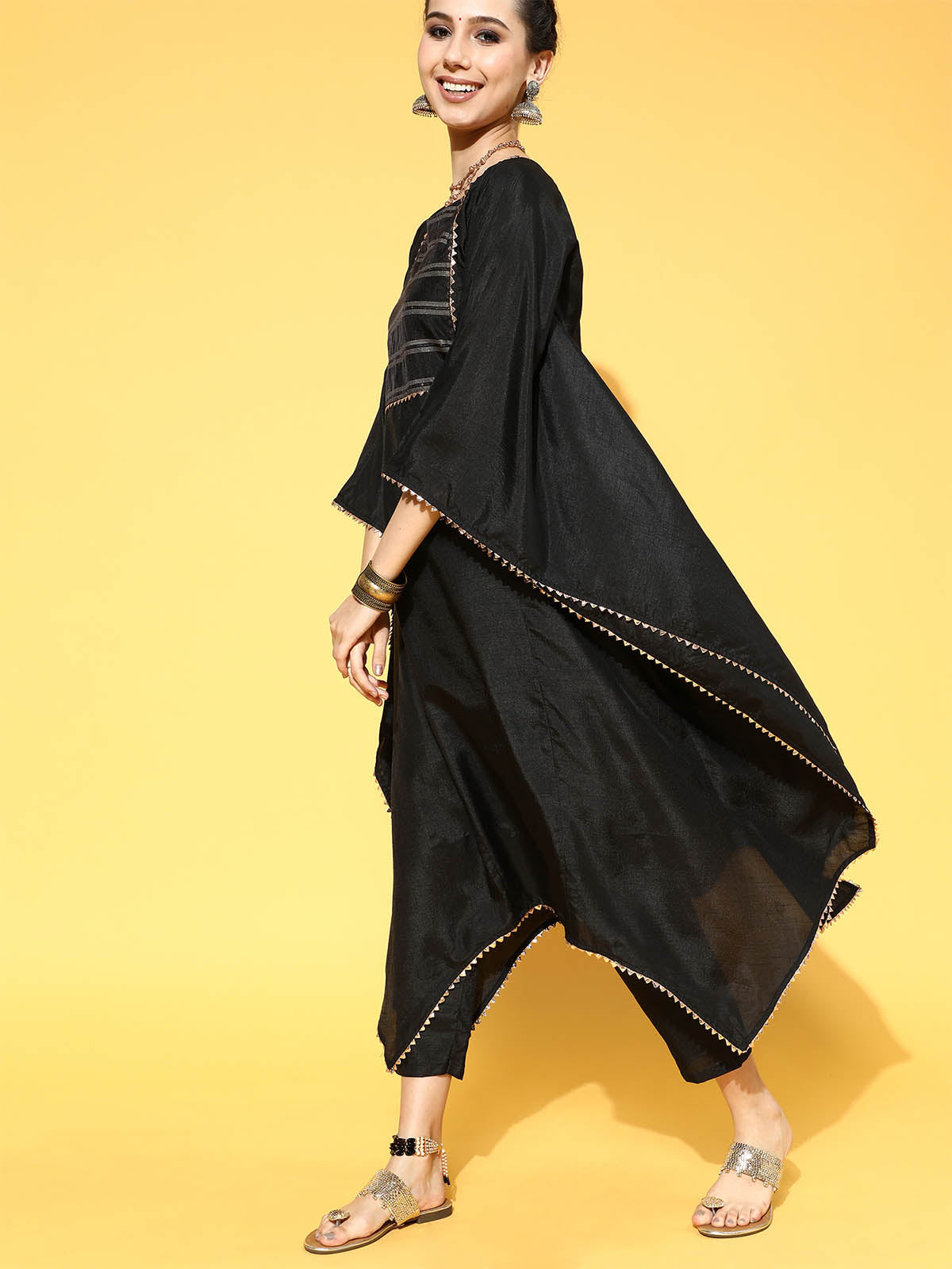 Odette Women Black Solid A-Line Kaftan Stitched Trouser Set