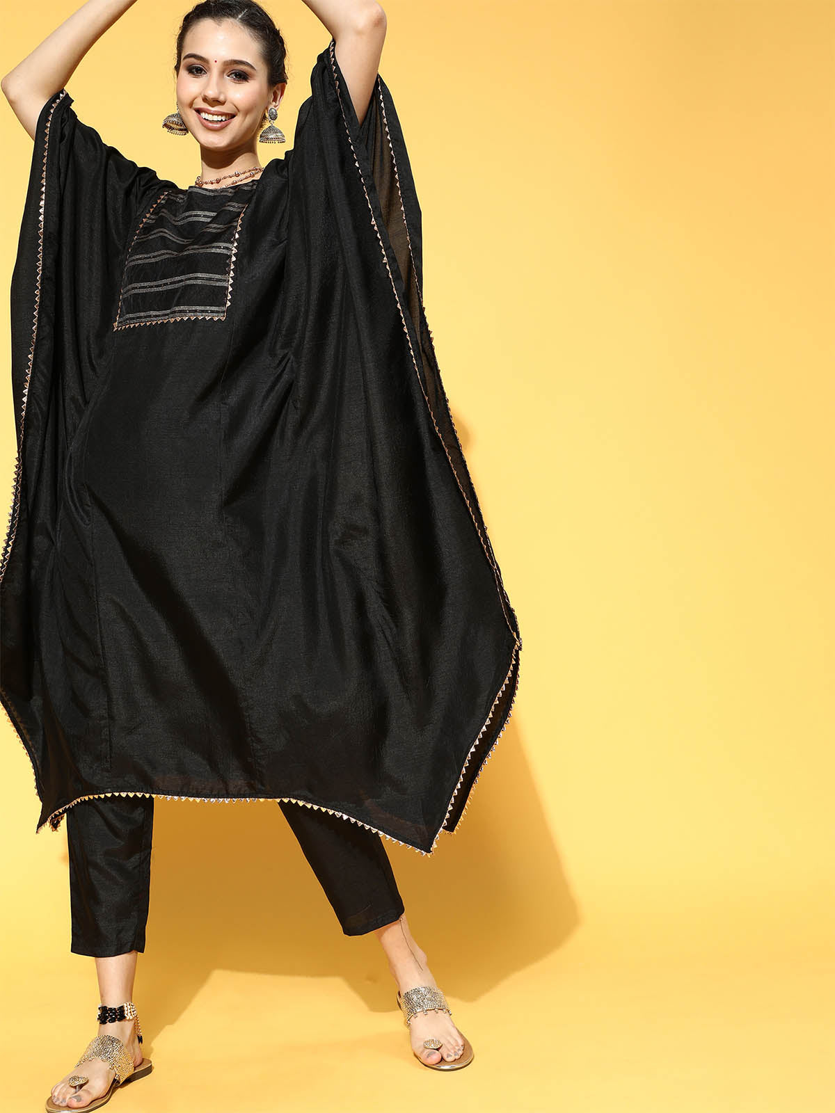 Odette Women Black Solid A-Line Kaftan Stitched Trouser Set