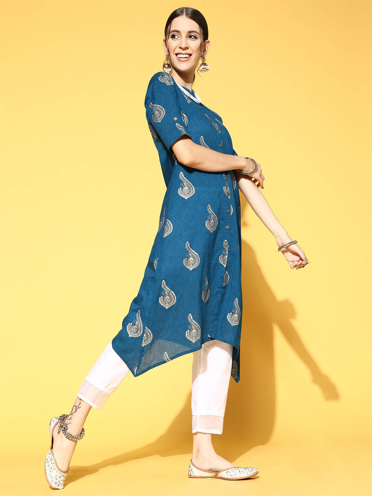 Blue Printed Asymmetric Stitched Kurta With Trouser Set