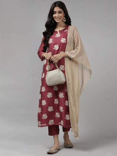 Odette Women Maroon Printed Straight Stitched Kurta Trouser Dupatta Set