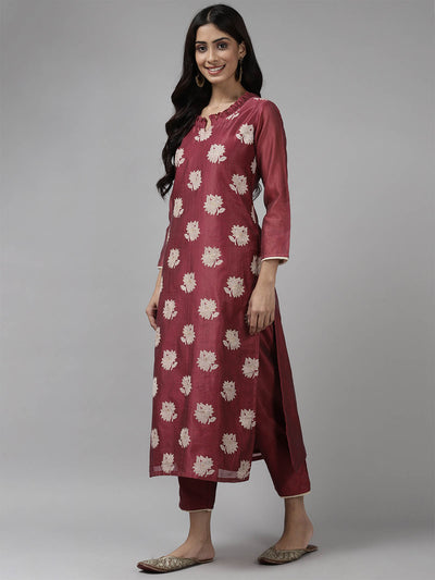 Odette Women Maroon Printed Straight Stitched Kurta Trouser Dupatta Set