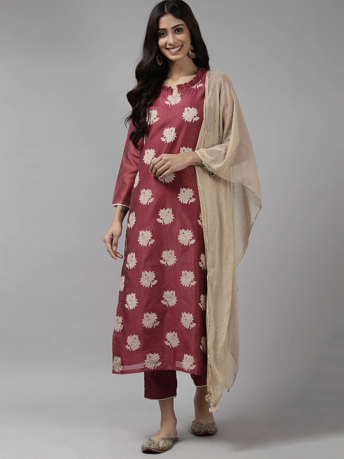 Odette Women Maroon Printed Straight Stitched Kurta Trouser Dupatta Set