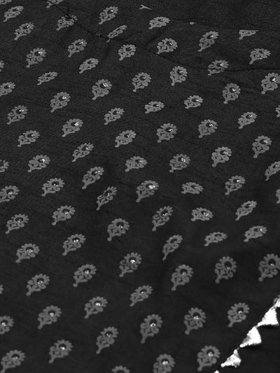 Odette Women Black Printed A-Line Stitched Kurta Trouser Set