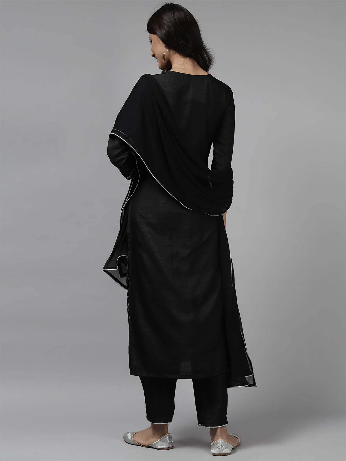 Odette Women Black Printed Straight Stitched Kurta Palazzo With Dupatta Set