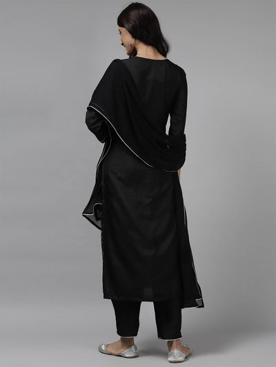 Odette Women Black Printed Straight Stitched Kurta Palazzo With Dupatta Set