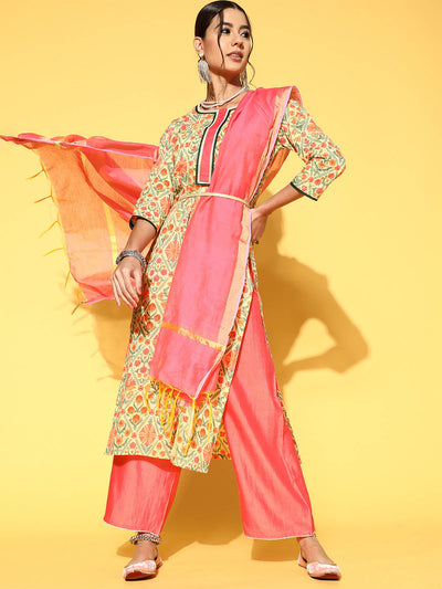 Odette Women Yellow Printed Straight Stitched Kurta Palazzo With Dupatta Set