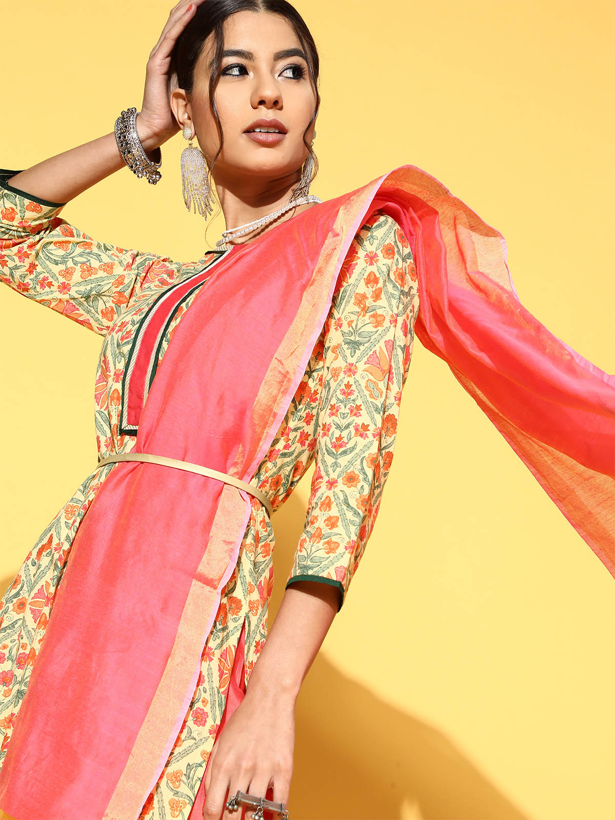 Odette Women Yellow Printed Straight Stitched Kurta Palazzo With Dupatta Set