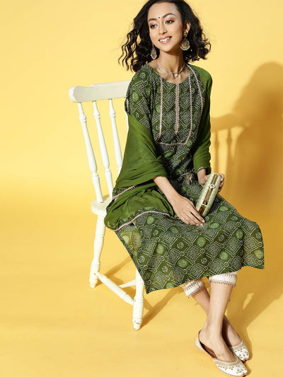 Odette Women Green Printed Straight Stitched Kurta Palazzo With Dupatta Set