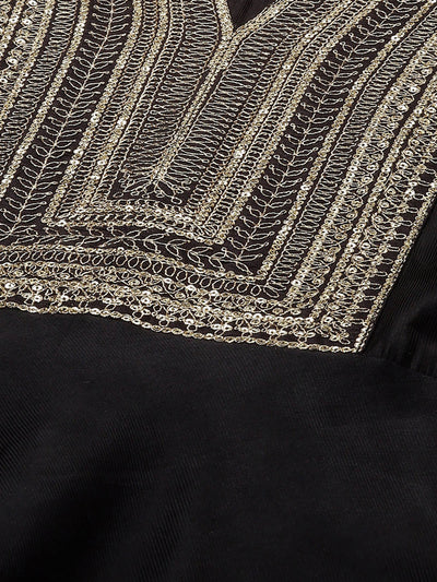 Odette Women Black Embroidered A-Line Stitched Kurta Trouser With Dupatta Set