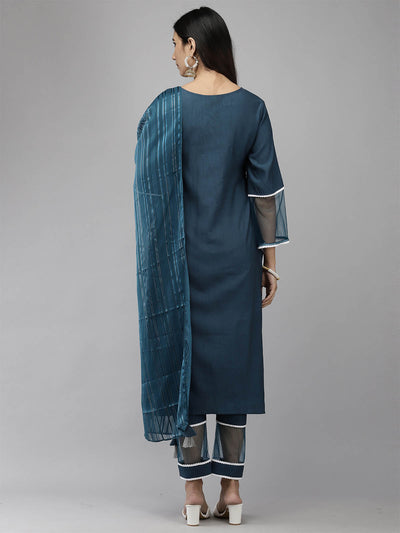 Odette Women Dark Blue Straight Stitched Kurta Trouser Dupatta Set