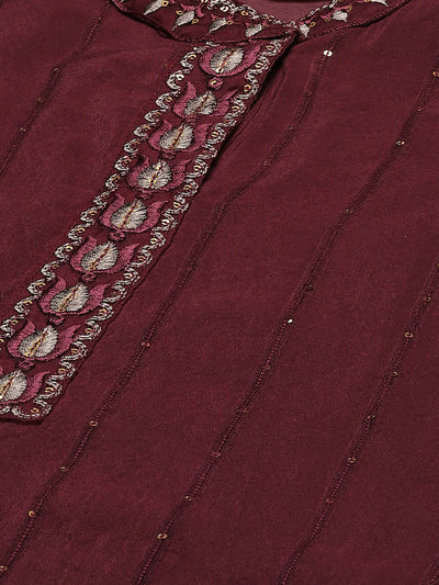 Odette Women Maroon Embroidered Straight Stitched Kurta Trouser With Dupatta Set