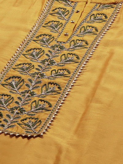 Odette Women Yellow Embroidered Straight Stitched Kurta Trouser With Dupatta Set